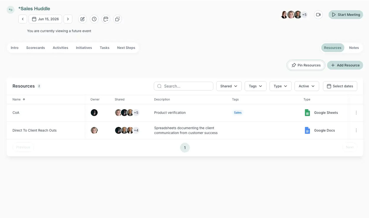 Pinned resource connected to a meeting or initiative